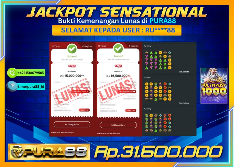 PURA88 JACKPOT GATES OF OLYMPUS 1000 Rp 31.500.000,- LUNAS